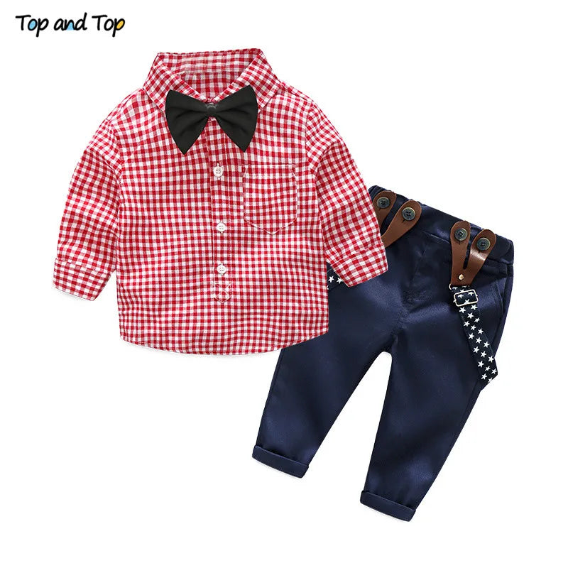 Toddler Suit Cotton Baby Boy Clothes Spring Newborn Baby Sets Infant Clothing Gentleman Suit Plaid Bow Shirt + Suspender Trouser