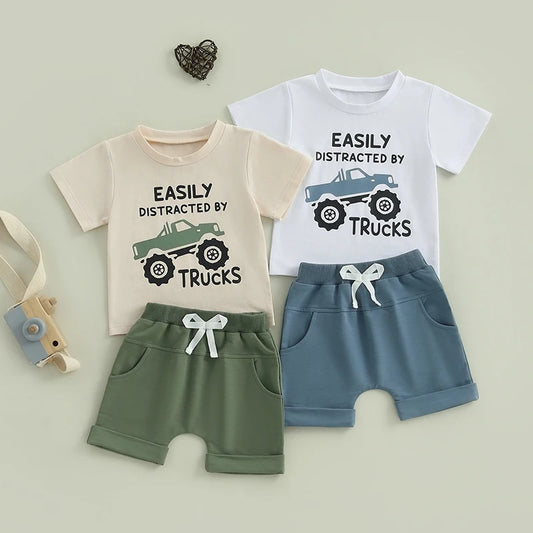 Fashion Toddler Kids Boys Summer Clothes Sets Short Sleeve O Neck Letter Truck Print T-shirts Tops Solid Color Shorts Outfits