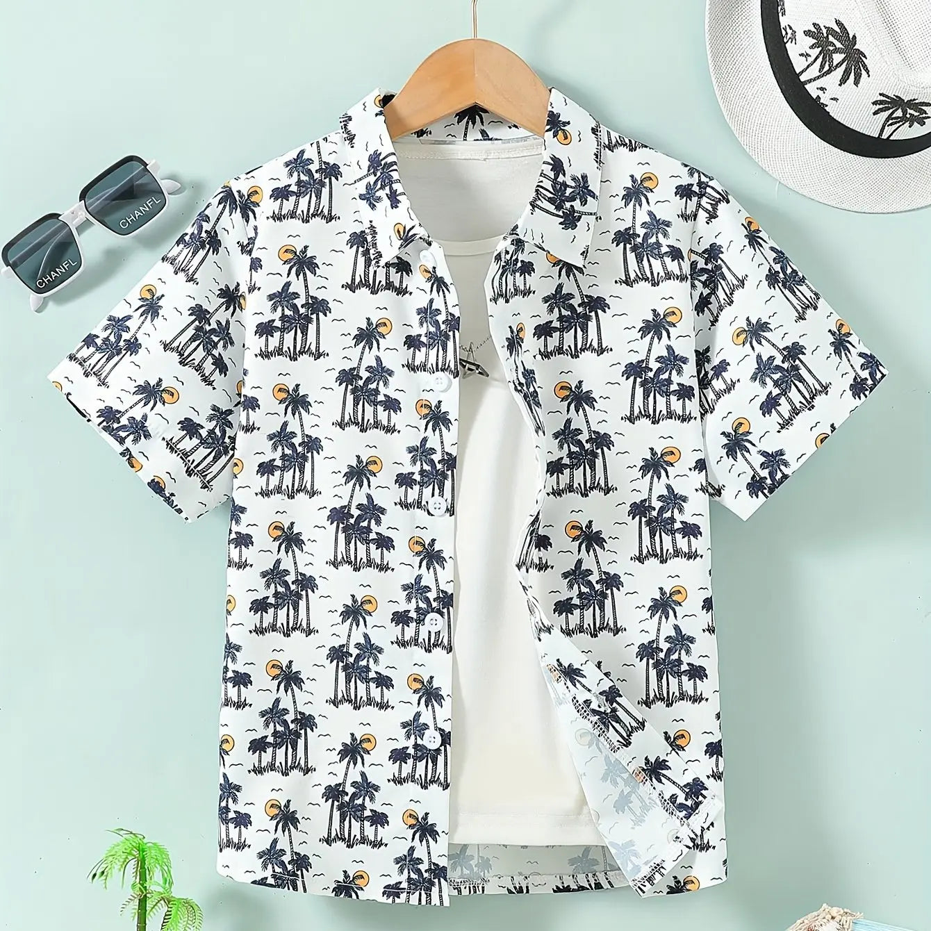 Beach Coconut Tree Print Boys Creative Top Shirts Casual Short Sleeve Lapel Shirt Tops Boys Clothes for Summer Outdoor Holiday