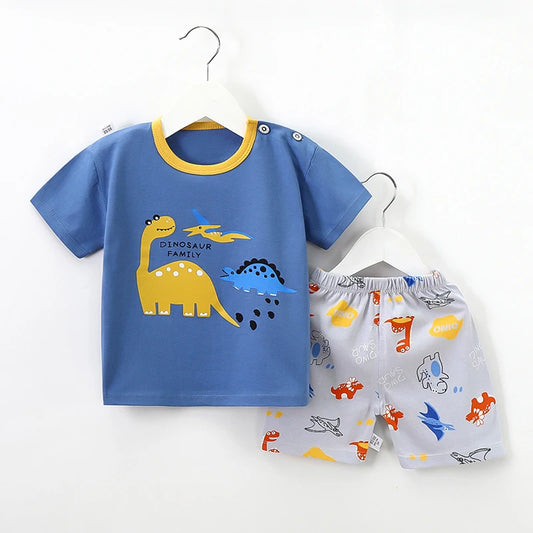 1-6Y Kids Boys Summer Pajamas Cute Cartoon Print Short Sleeve T-Shirt Tops with Shorts Toddler Baby Clothing Sets