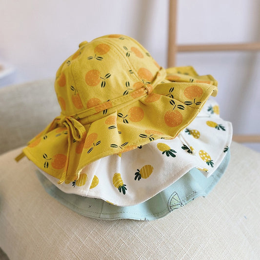 Cute Summer Baby Girl Bucket Hat Print Outdoor Bowknot Kids Girl Sun Hat Children Intant Toddler Panama Beach Cap