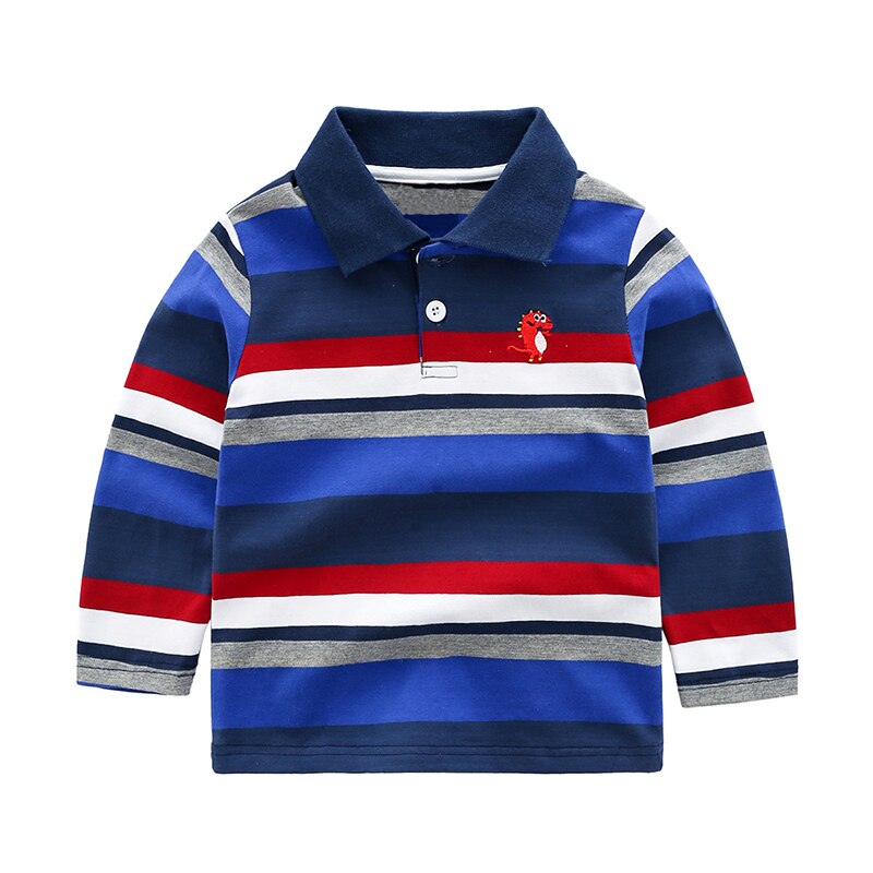 Mudkingdom Boys Polo Shirts Long Sleeve Striped Cute Dinosaur Embroidery Tops Kids Clothes for Toddler Spring Autumn Clothing