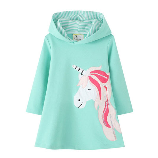 Jumping Meters New Arrival Animals Girl Dress Sweater Hooded Dresses for Spring Autumn Cute Girls Cotton Unicorn Baby Clothing