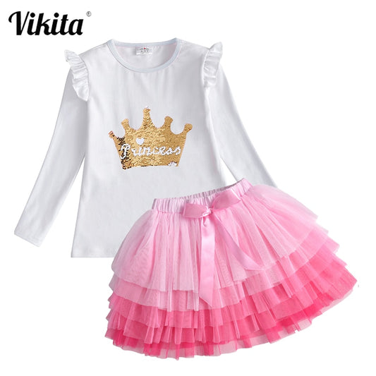 VIKITA Children Clothing Autumn Toddler Girls Clothes T-shirt+ Layered Skirt 2pc Outfit Suit Kids Clothes Girls Clothing Sets