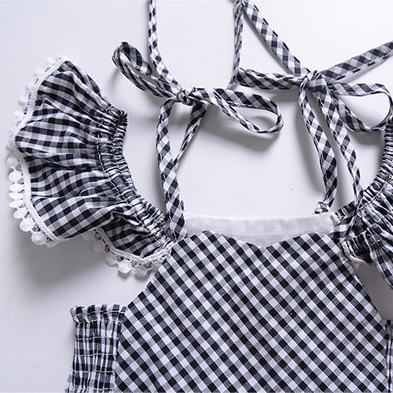 EACHIN Girls Dresses Fashion Baby Kids Girl Short Sleeve Off Shoulder A-Line Plaid Princess Dress Children Casual Beach Dresses