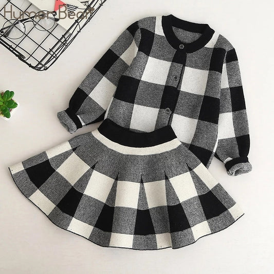 Humor Bear Autumn New Girls Clothing Sets Casual Long Sleeve Plaid Jackets+Skits 2Pcs Suits for Kids Set
