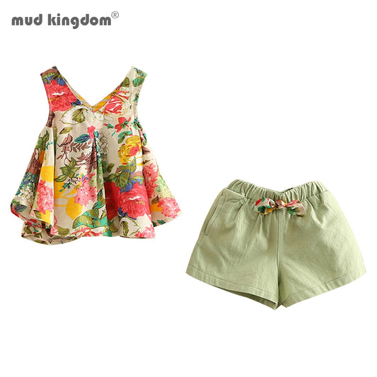 Mudkingdom Floral Girls Outfits Summer Holiday Flower Girl Sleeveless Blouse and Short Set Kids Clothing Suit Children Clothing