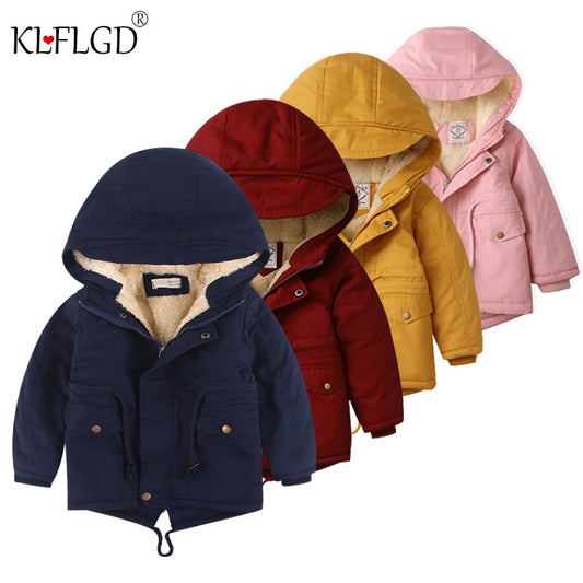 Winter children's wear Plush thickened cotton coat windbreaker coat New boys and girls medium length Plush waist cotton jacket