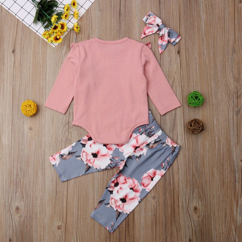 Newborn Kids Baby Girls Flower Top Romper Long Pants Headband Outfits Clothes Ruffles Outfits Set roupa infantil