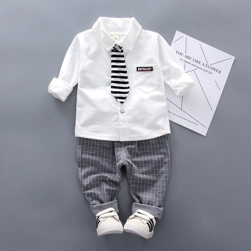 New Spring Baby Boys Fashion Clothing Children Gentleman Tie Shirt Pants 2Pcs/Sets Kids Formal Clothess Infant Cotton Tracksuit
