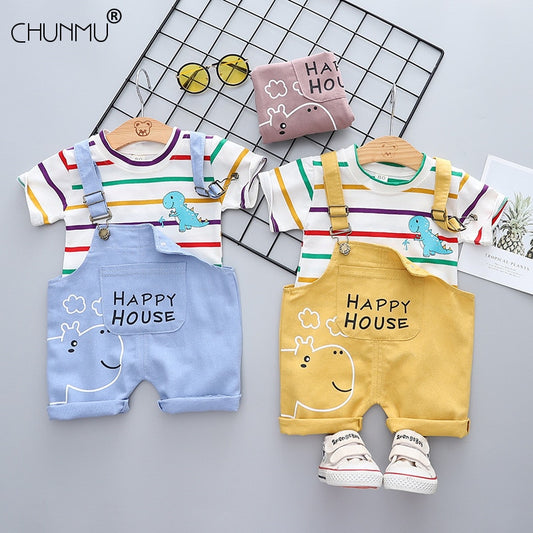 Summer Baby Short Sleeve Clothing Boys and Girls Cotton Tracksuit Striped Top+Overalls For Toddler Children Casual Clothing