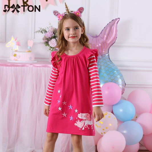 DXTON Winter Kids Dresses For Girls Flying Sleeve Unicorn Children Dress Star Stripe Toddler Cotton Clothing Causal Girls Dress