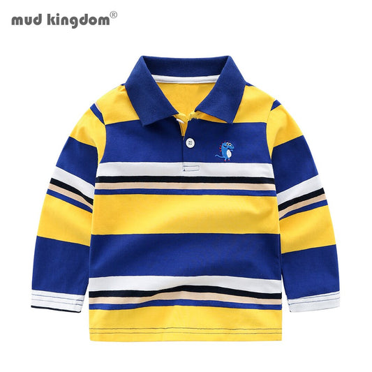 Mudkingdom Boys Polo Shirts Long Sleeve Striped Cute Dinosaur Embroidery Tops Kids Clothes for Toddler Spring Autumn Clothing