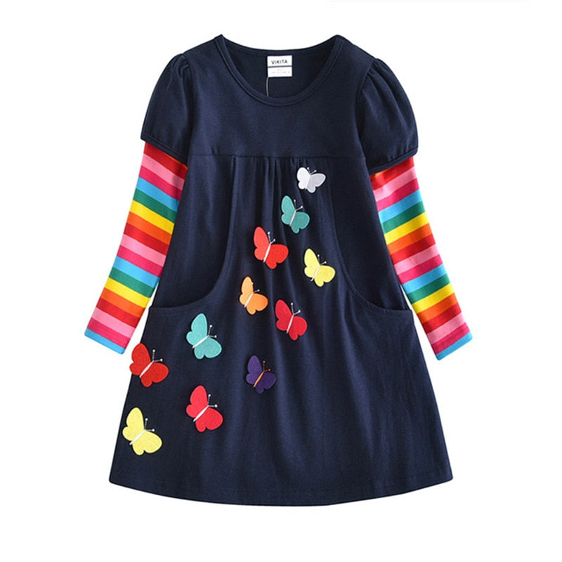 VIKITA Girl Dresses Baby Girls Dress Butterfly Rainbow Children Long Sleeve Clothes Girls Patchowrk Infant Vestidos 2-8Y LH5805