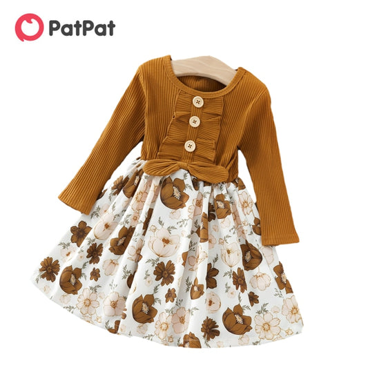 PatPat New Arrival Autumn and Winter Baby / Toddler Flower Print Splice Long-sleeve Dress Kids Girl Clothing