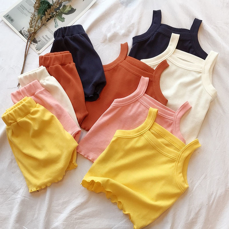 2PCS/Set Comfortable Sleeveless Tops+Pant Kids Clothes Solid Colors Boy Clothing Set Toddler Boy Girls Vest Child Pajama Summer