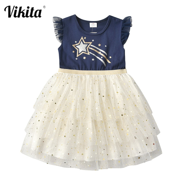 VIKITA Lace Layered Dress for Girls Mesh Princess Birthday Party Dresses Girl Flare Sleeve Dress Children Summer Vestidos