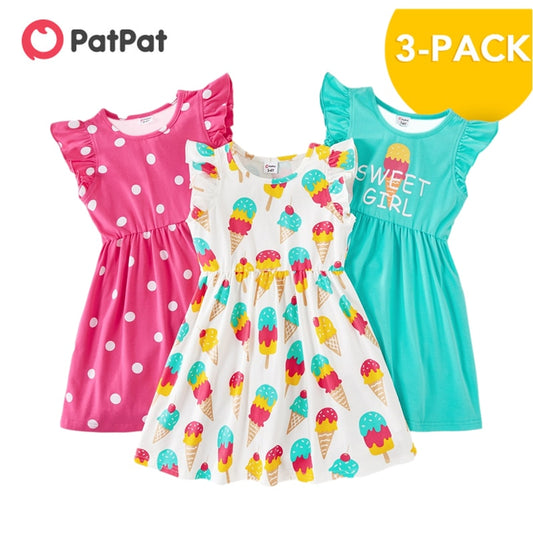 PatPat Summer 3-Pack Girls Dresses Toddler Ice Cream Polka Dots Children's Clothing New Arrival 3-6Y