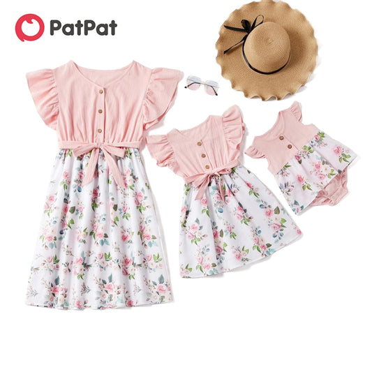 PatPat Mosaic Flutter-sleeve Pink Stitching White Floral Matching Midi Dresses