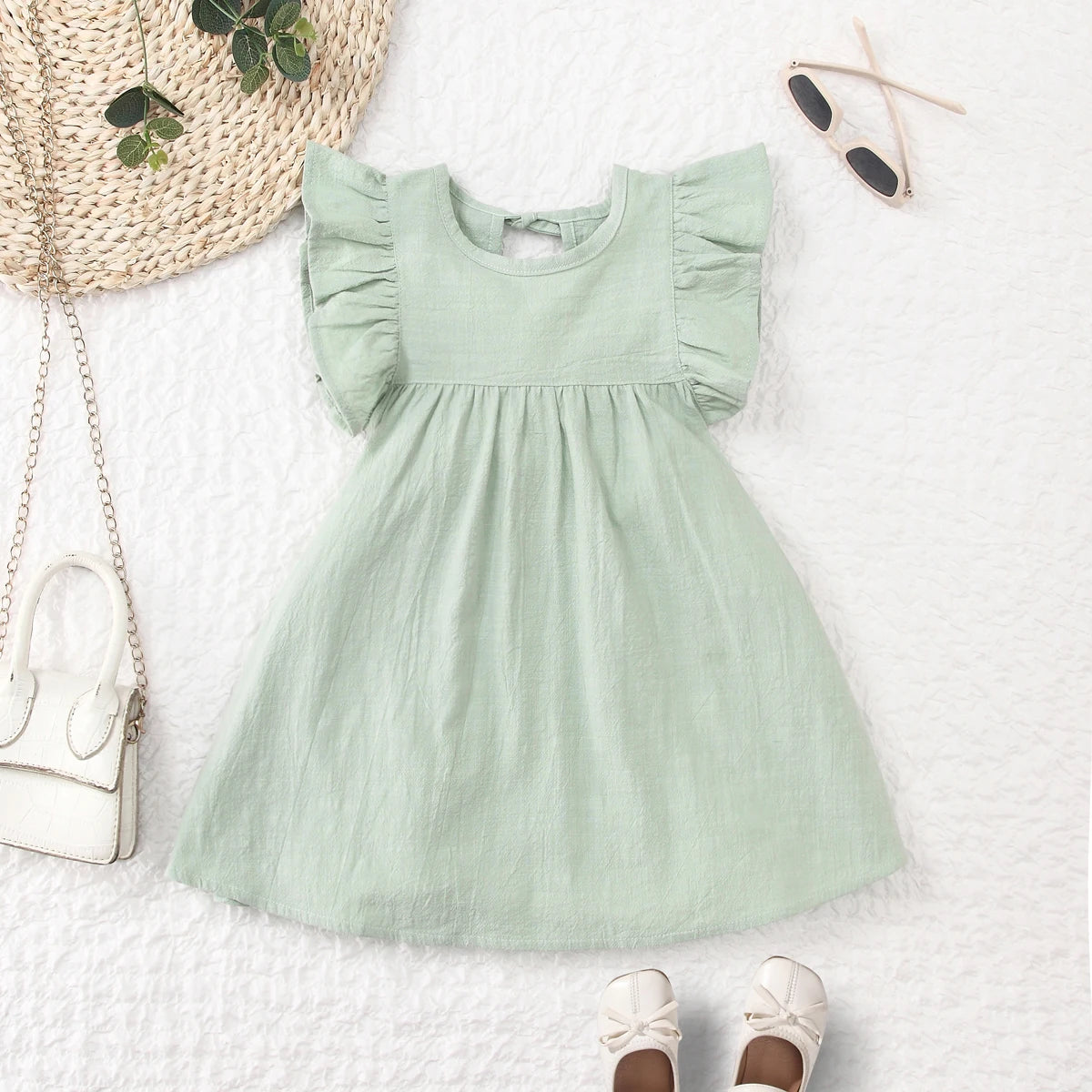 Toddler girls dresses kid's summer wear Pure color puffy sleeves girl dress back collar tie princess dress