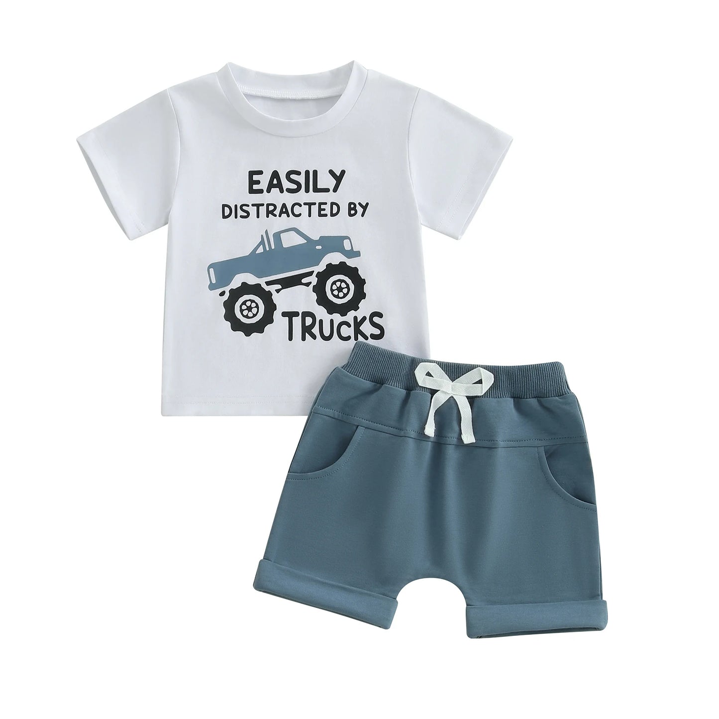 Fashion Toddler Kids Boys Summer Clothes Sets Short Sleeve O Neck Letter Truck Print T-shirts Tops Solid Color Shorts Outfits