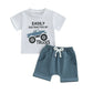 Fashion Toddler Kids Boys Summer Clothes Sets Short Sleeve O Neck Letter Truck Print T-shirts Tops Solid Color Shorts Outfits