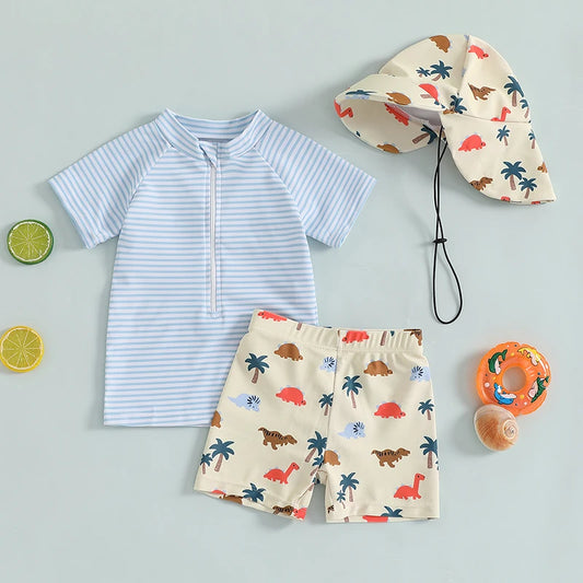 Toddler Boys Rash Guard Set 3 Piece Swimsuit Suit, Short Sleeve Tops Turtle Print Swim Trunks Swim Cap Bathing Suit