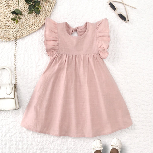 Toddler girls dresses kid's summer wear Pure color puffy sleeves girl dress back collar tie princess dress