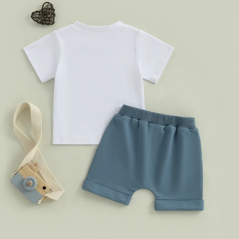 Fashion Toddler Kids Boys Summer Clothes Sets Short Sleeve O Neck Letter Truck Print T-shirts Tops Solid Color Shorts Outfits