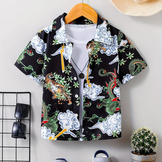 Children Boy's Cute Cartoon Graphic Pattern Shirt Kids Short Sleeve Tops Front Button Breathable Summer Clothing Top Shirts