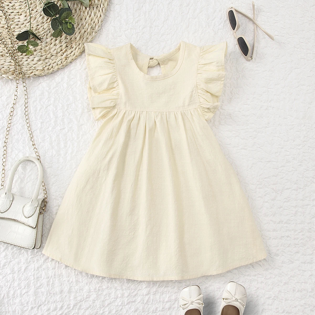 Toddler girls dresses kid's summer wear Pure color puffy sleeves girl dress back collar tie princess dress