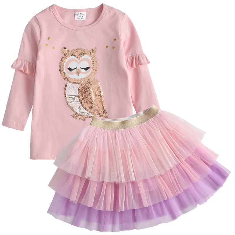 VIKITA Children Clothing Autumn Toddler Girls Clothes T-shirt+ Layered Skirt 2pc Outfit Suit Kids Clothes Girls Clothing Sets