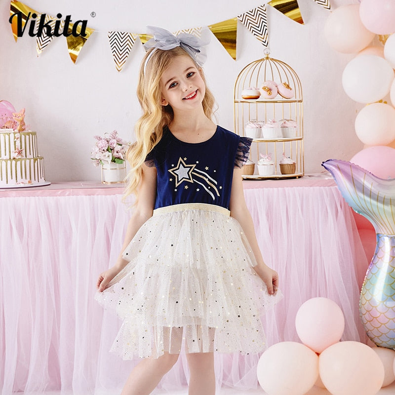 VIKITA Lace Layered Dress for Girls Mesh Princess Birthday Party Dresses Girl Flare Sleeve Dress Children Summer Vestidos