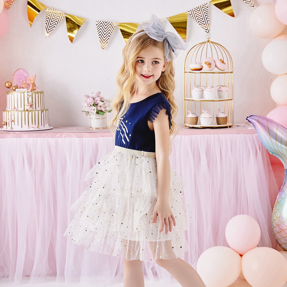 VIKITA Lace Layered Dress for Girls Mesh Princess Birthday Party Dresses Girl Flare Sleeve Dress Children Summer Vestidos