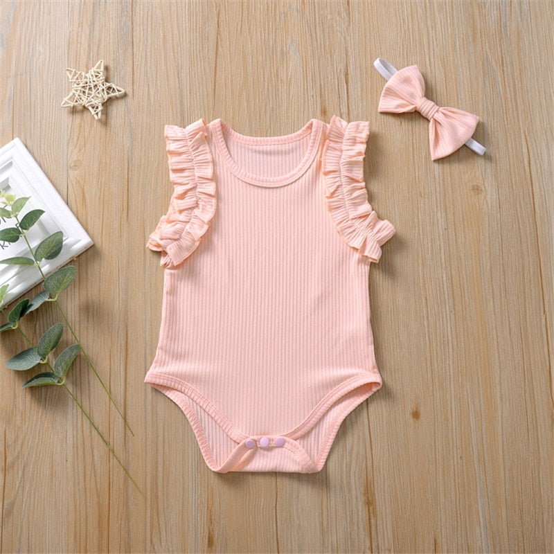 0-18M  Newborn Baby Girl Ribbed Knitted Cotton Romper Ruffles Jumpsuit Headband 2Pcs Outfits