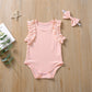 0-18M  Newborn Baby Girl Ribbed Knitted Cotton Romper Ruffles Jumpsuit Headband 2Pcs Outfits