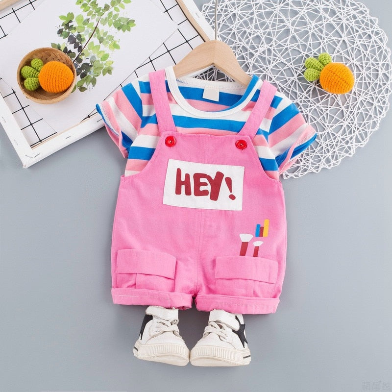 Summer Baby Short Sleeve Clothing Boys and Girls Cotton Tracksuit Striped Top+Overalls For Toddler Children Casual Clothing
