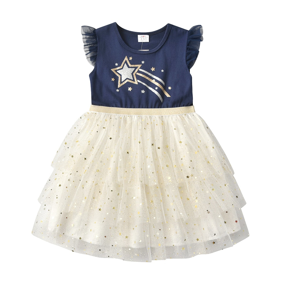 VIKITA Lace Layered Dress for Girls Mesh Princess Birthday Party Dresses Girl Flare Sleeve Dress Children Summer Vestidos