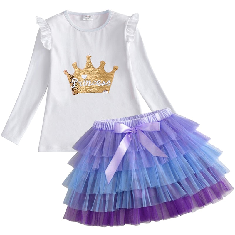 VIKITA Children Clothing Autumn Toddler Girls Clothes T-shirt+ Layered Skirt 2pc Outfit Suit Kids Clothes Girls Clothing Sets