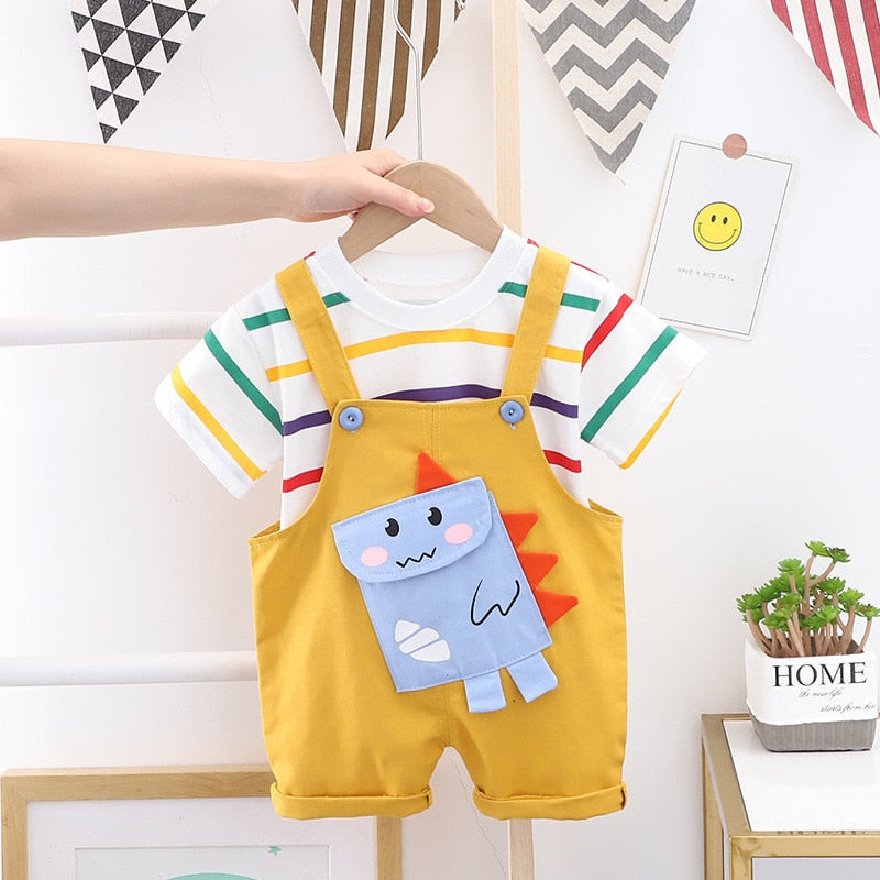 Summer Baby Short Sleeve Clothing Boys and Girls Cotton Tracksuit Striped Top+Overalls For Toddler Children Casual Clothing