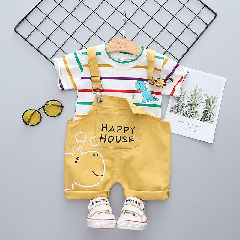 Summer Baby Short Sleeve Clothing Boys and Girls Cotton Tracksuit Striped Top+Overalls For Toddler Children Casual Clothing