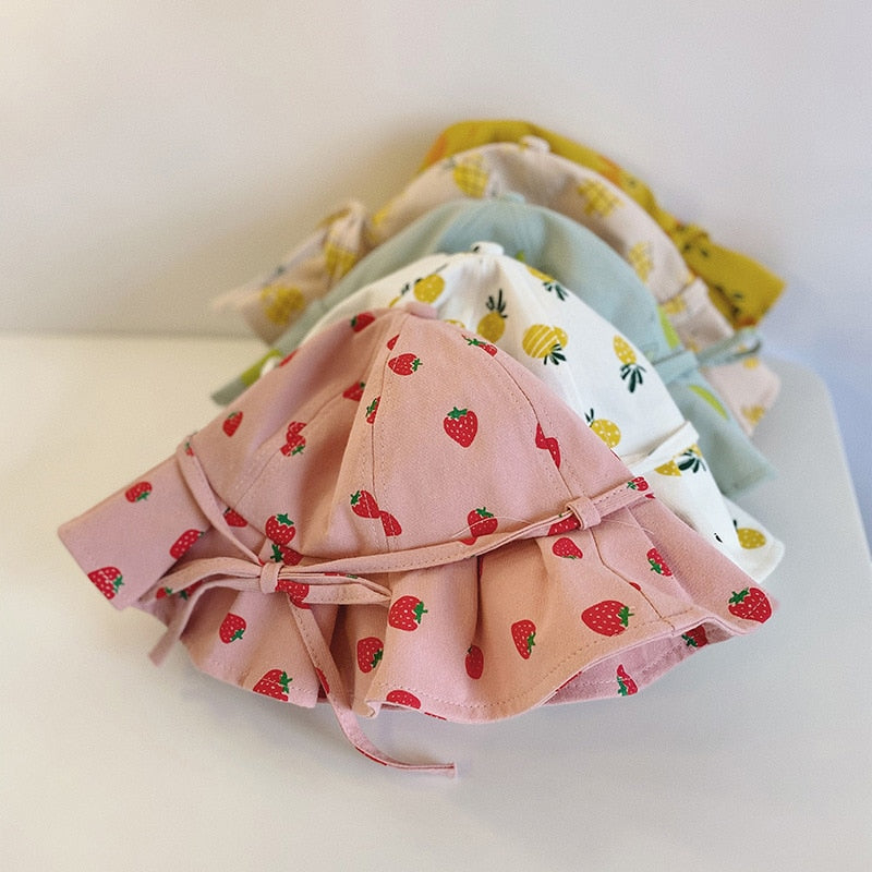 Cute Summer Baby Girl Bucket Hat Print Outdoor Bowknot Kids Girl Sun Hat Children Intant Toddler Panama Beach Cap