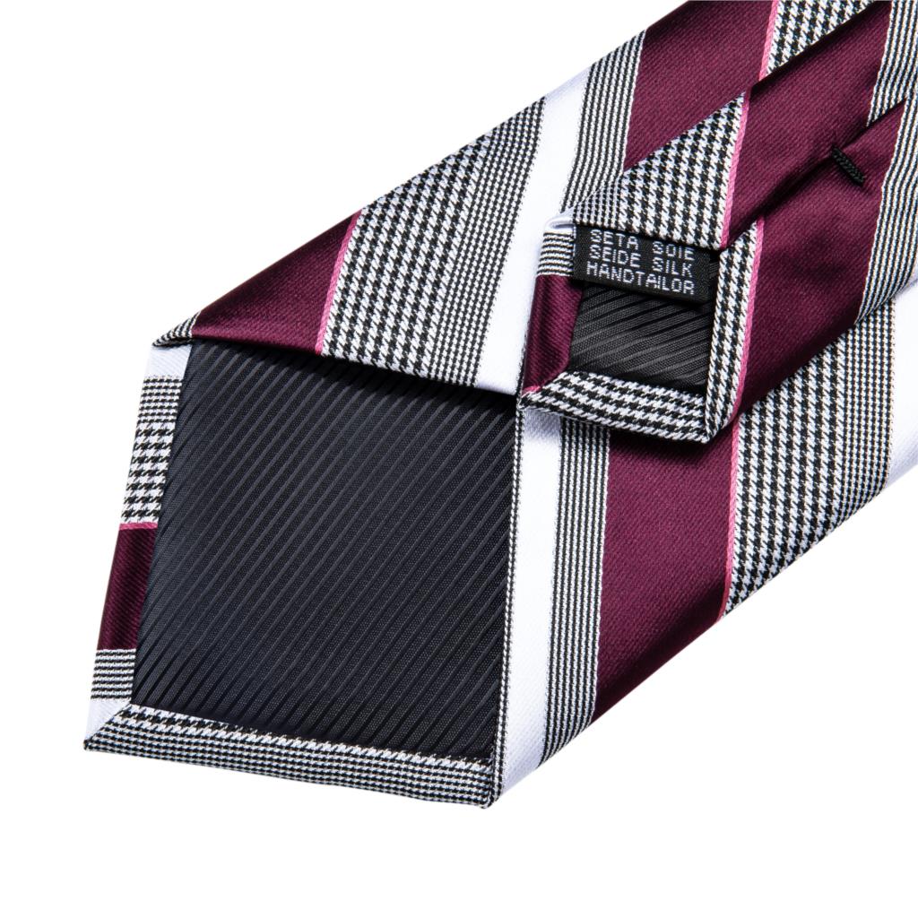 Fashion Striped Tie For Men Red Wine White Silk Wedding Tie Hanky Cufflink Gift Tie Set DiBanGu Novelty Design Business MJ-7337