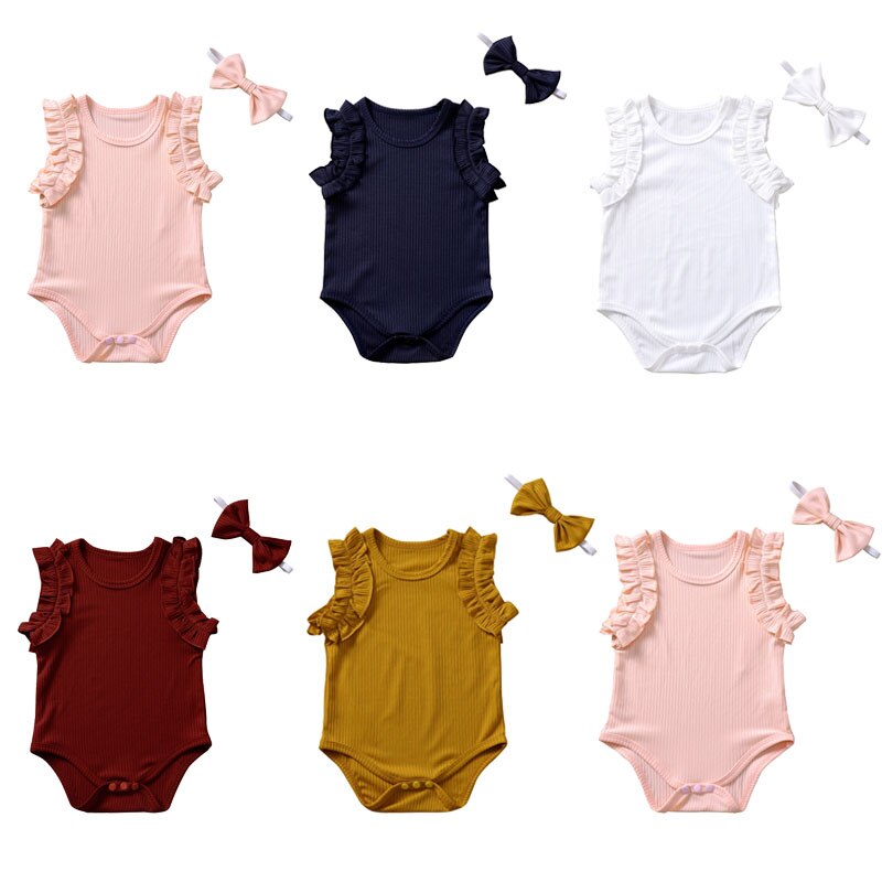 0-18M  Newborn Baby Girl Ribbed Knitted Cotton Romper Ruffles Jumpsuit Headband 2Pcs Outfits