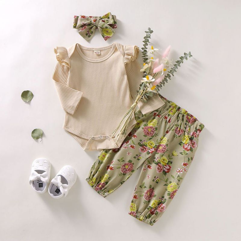 3pcs Toddler Infant Newborn Baby Girls Kids Long Butterfly Sleeve Romper Floral Pant Headband Playsuit Outfits Jumpsuit Clothes