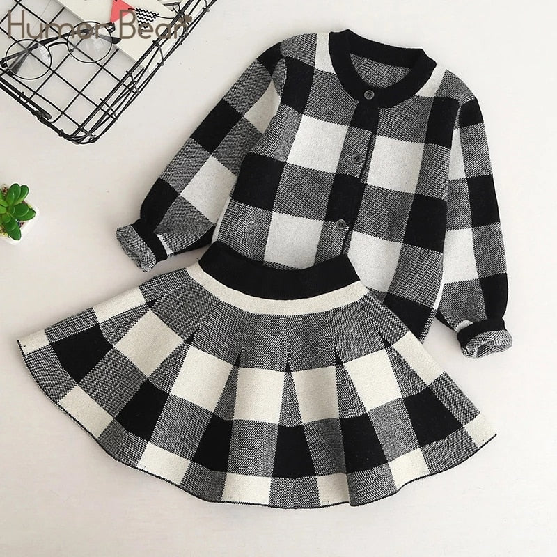 Humor Bear Autumn New Girls Clothing Sets Casual Long Sleeve Plaid Jackets+Skits 2Pcs Suits for Kids Set