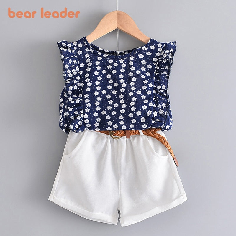 Bear Leader New Summer Casual Children Sets Chiffon Flowers Blue T-shirt Pants Girls Clothing Sets Kids Summer Set for 3-7 Years