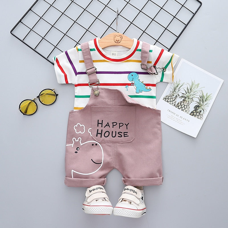 Summer Baby Short Sleeve Clothing Boys and Girls Cotton Tracksuit Striped Top+Overalls For Toddler Children Casual Clothing