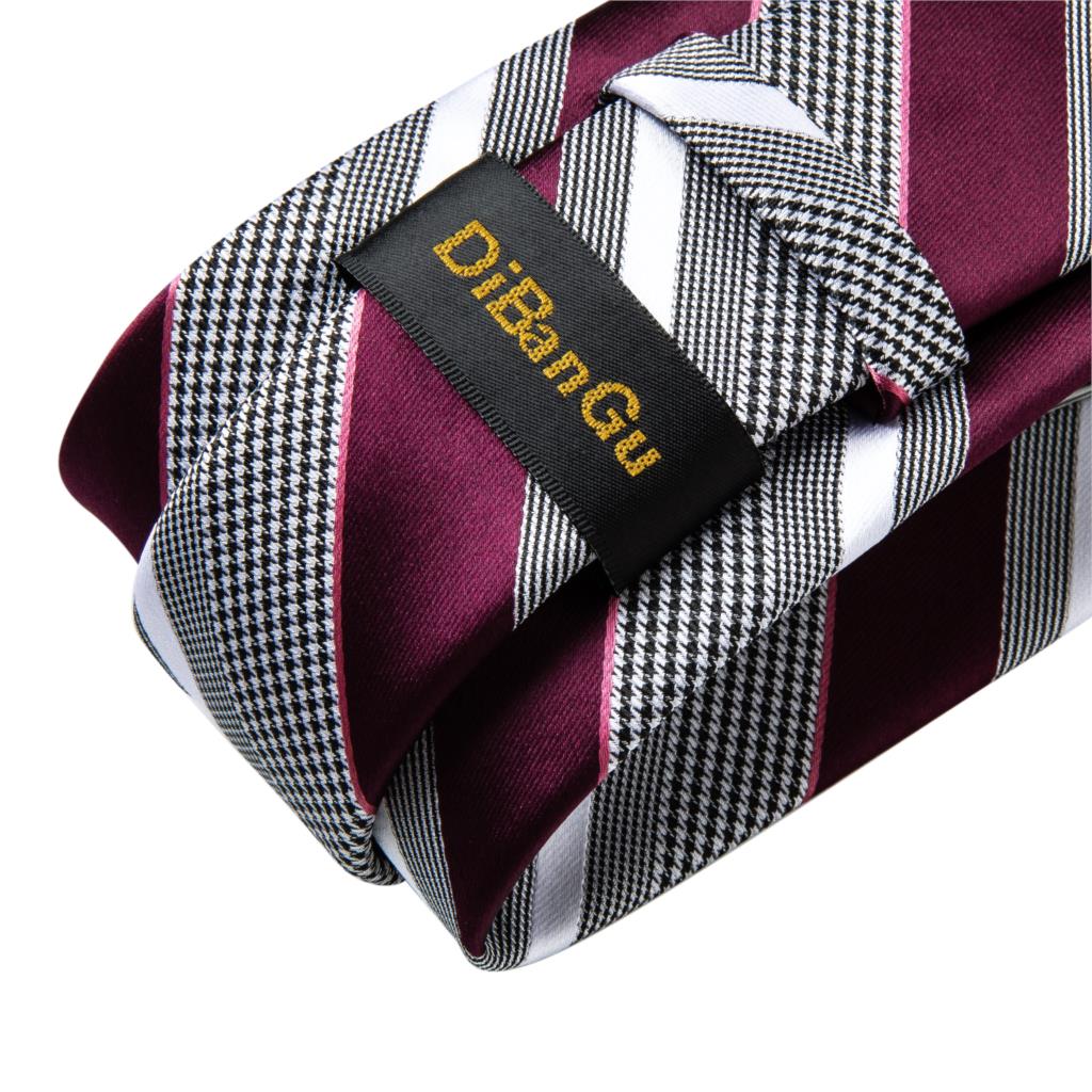 Fashion Striped Tie For Men Red Wine White Silk Wedding Tie Hanky Cufflink Gift Tie Set DiBanGu Novelty Design Business MJ-7337