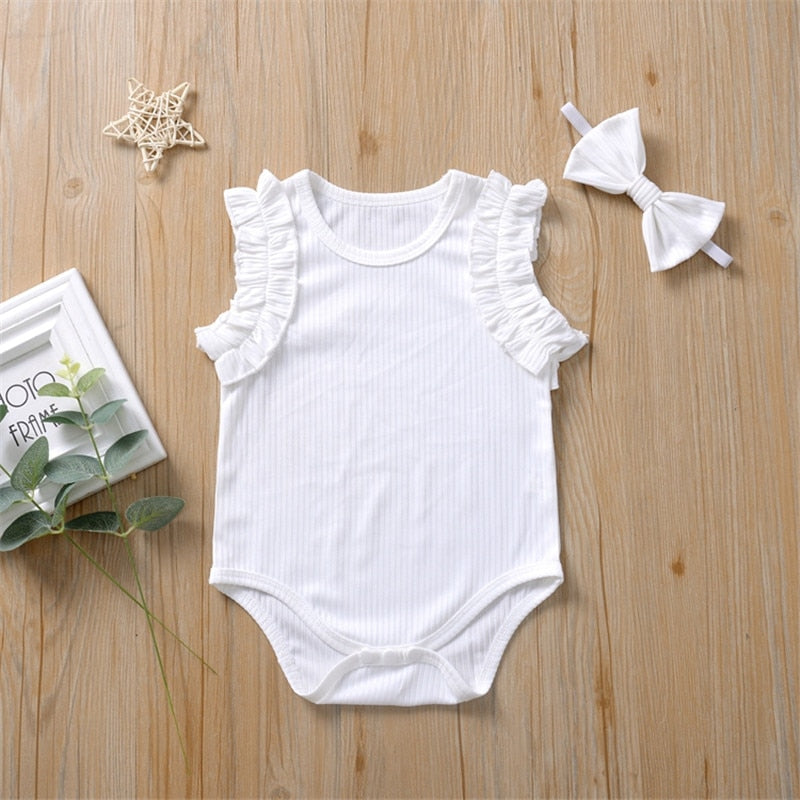 0-18M  Newborn Baby Girl Ribbed Knitted Cotton Romper Ruffles Jumpsuit Headband 2Pcs Outfits